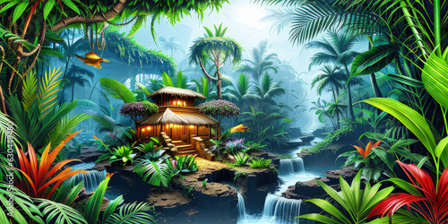 Landscape Illustration 3D Realistic Fantasy Tropical Nature Forest Environment By Scenic Green Foliage