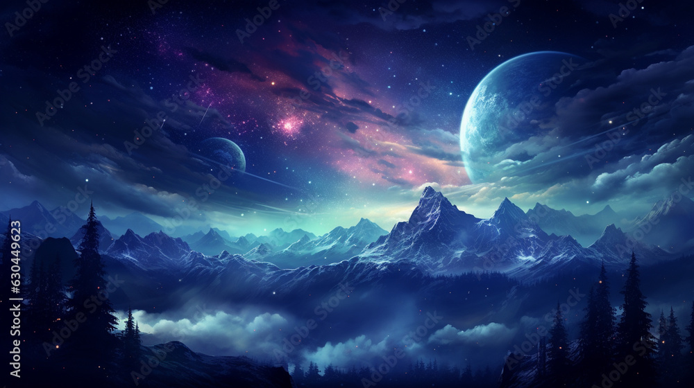Fantasy landscape with a lake, trees, clouds and full moon. Moonlight. Starry sky. Fairytale Night scene. Magic forest. Another reality. Alien planet. Another world.