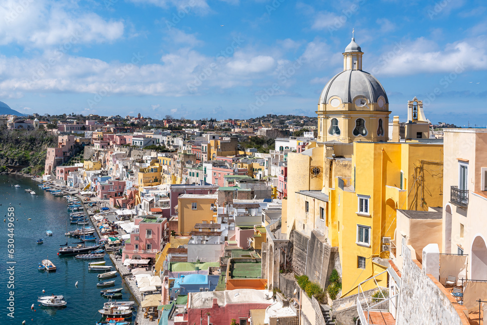 Colorful traditional houses of Corricella overlooking the sea, Procida, Campania region, Italy