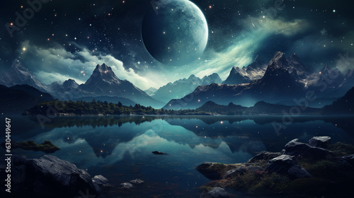 Fantasy landscape with a lake  trees  clouds and full moon. Moonlight. Starry sky. Fairytale Night scene. Magic forest. Another reality. Alien planet. Another world.