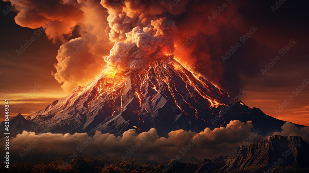Fototapeta premium Volcano eruption with lava flow in dark