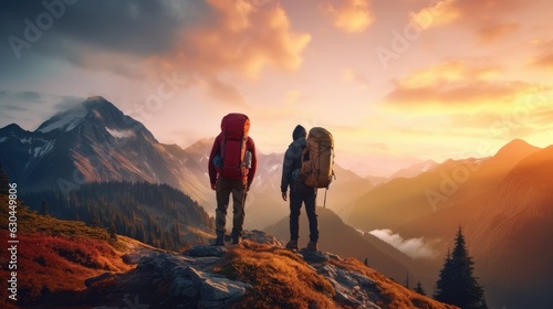Two mountaineers standing on a mountain with large backpacks, in full mountaineering gear and looking at the mountains © masyastadnikova