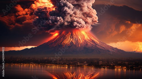 Fotografia Volcano eruption with lava flow in dark