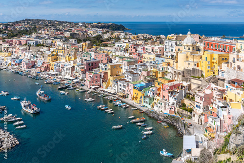 The beautiful port of Corricella in Procida, famous for its vibrantly colorful housing, Campania region, Italy.