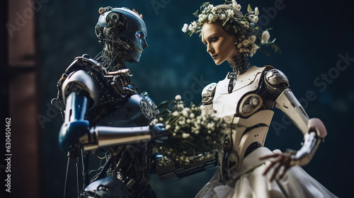 Conceptual image of a wedding between a male robot and a female robot, with a floral wreath on her head.