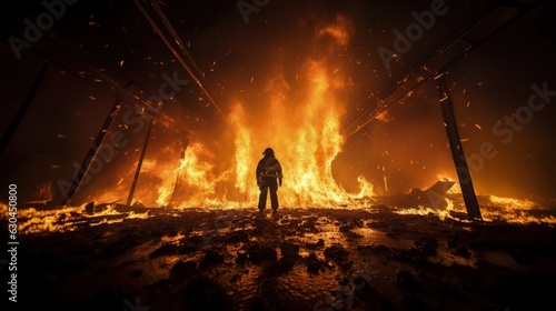 The fireman stands at the scene of the fire.