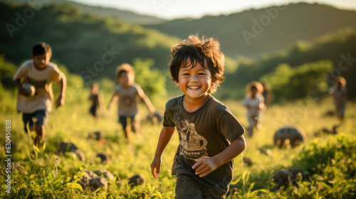 Children playing with determination and energy on a local field