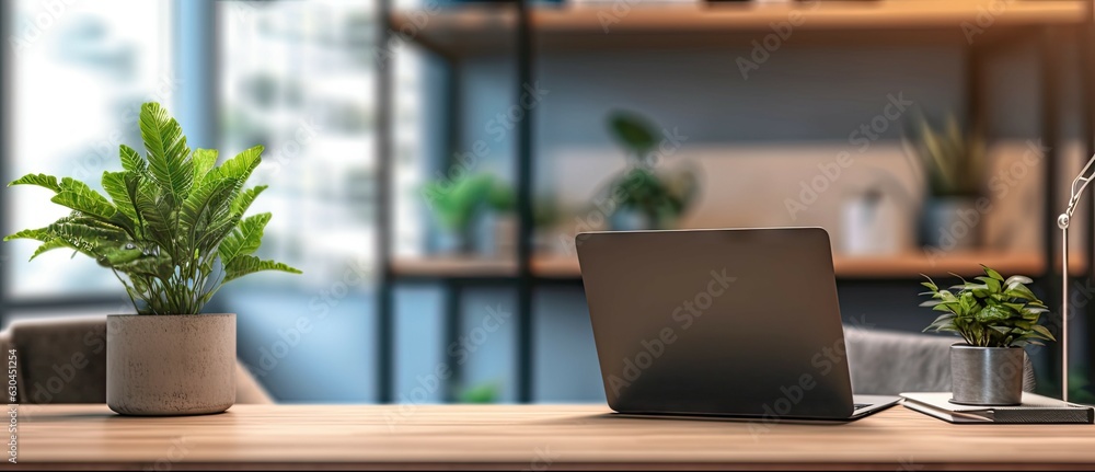 Professional workspace with laptop, desk, and shelves in home office interior design blur background Professional workspace with laptop, desk, and shelves in home office interior design blur background