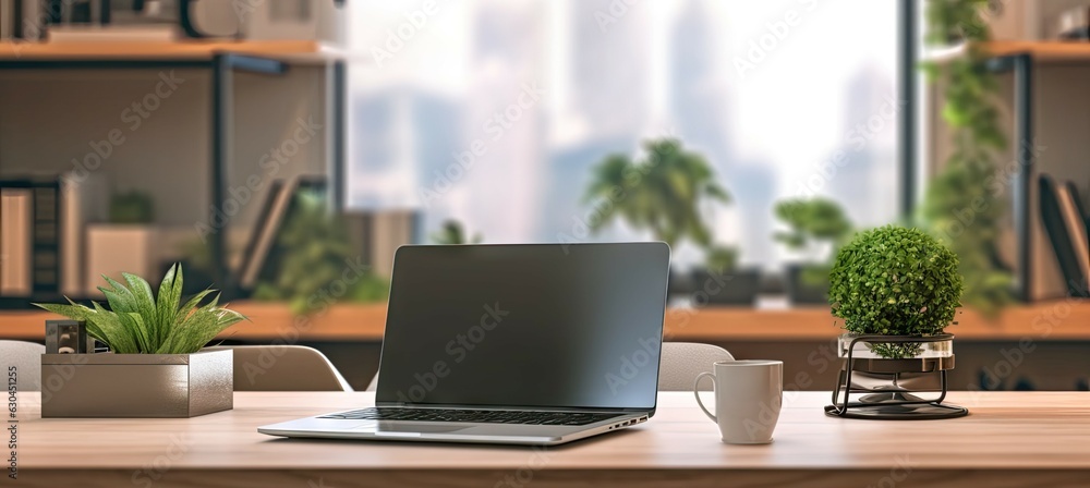 Professional workspace with laptop, desk, and shelves in home office interior design blur background Professional workspace with laptop, desk, and shelves in home office interior design blur background