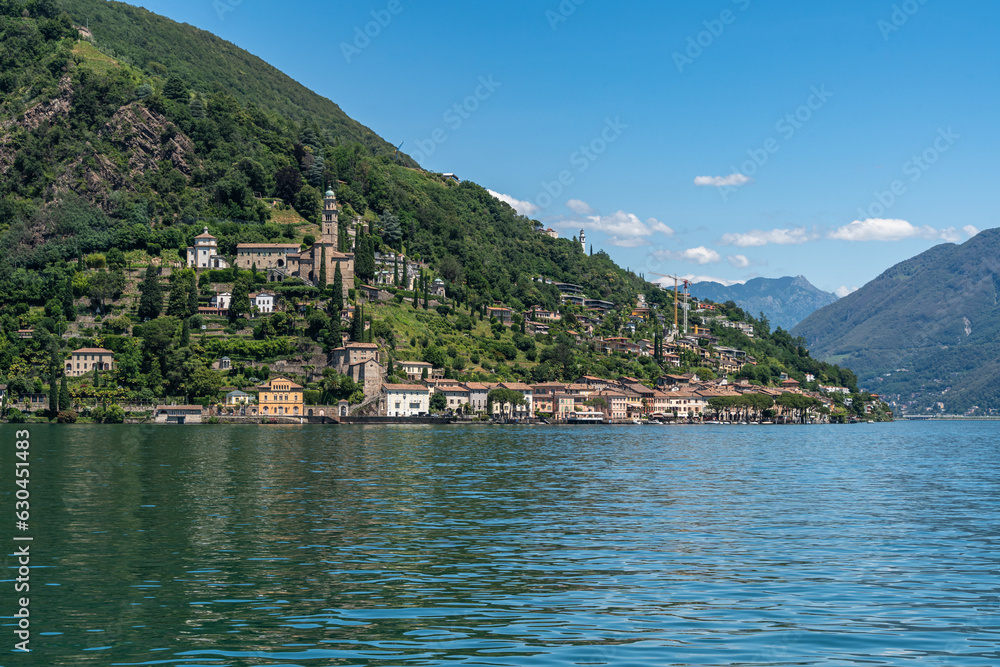 View of the village of Morcote on the Lugano Lake, considered one the most beautiful village in Switzerland