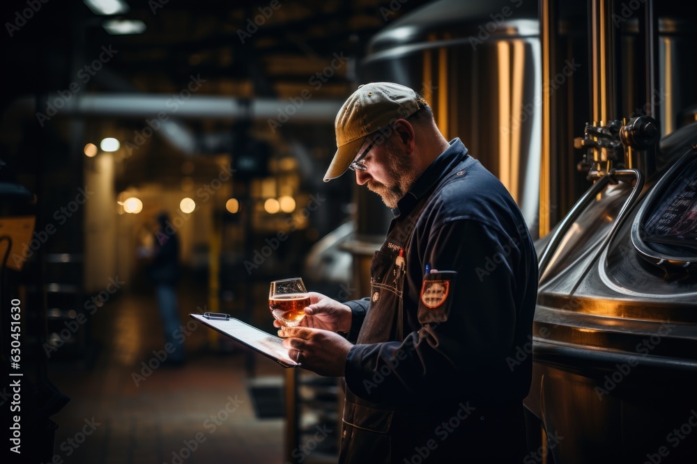 The brewer is standing in his brewery and checking the purity of the beer. The brewer is standing in his brewery and checking the purity of the beer.