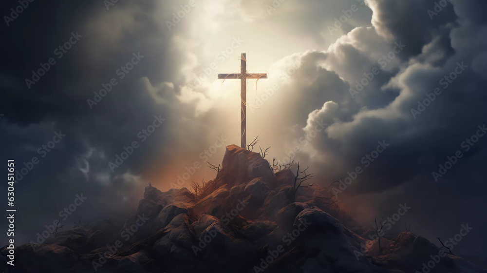 wooden cross at a mountain peak. ai generated