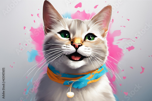 Cheerful cat with colorful paints in the background