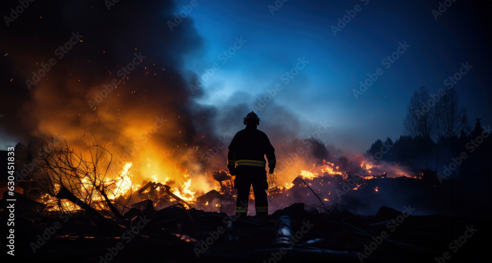 The fireman stands at the scene of the fire. The fireman stands at the scene of the fire.