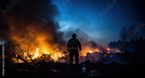 The fireman stands at the scene of the fire.