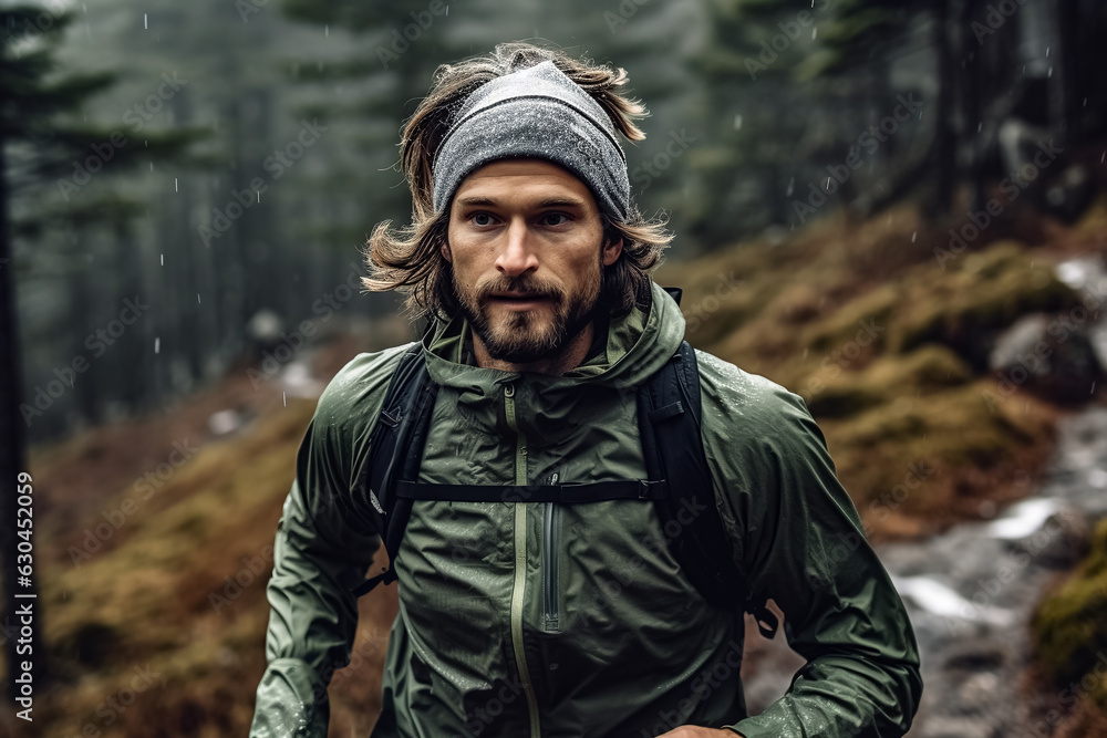 A young man with a beard in a windbreaker and with a backpack runs along a mountainside in the rain.