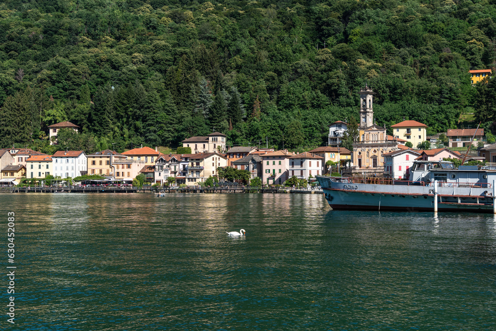 View of Porto Ceresio, a typical village located on the Italian side of Lugano Lake, Lombardy, Italy
