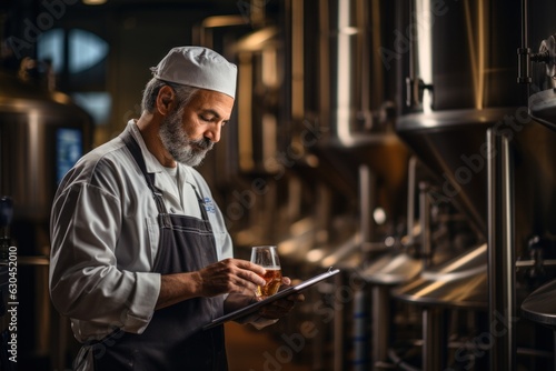 The brewer is standing in his brewery and checking the purity of the beer. © sirisakboakaew