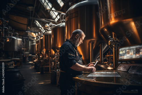 The brewer is standing in his brewery and checking the purity of the beer.