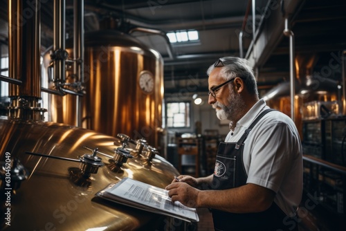 The brewer is standing in his brewery and checking the purity of the beer.