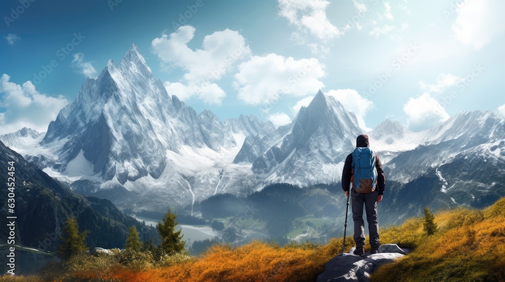A mountaineer standing on a mountain with a large backpack, in full mountaineering gear and looking at the mountains at sunset. Tourist in nature. Conquering the peaks. Sports tourism. Ai generative