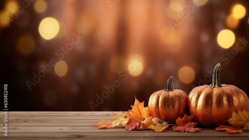 Pumpkins and autumn leaves on a brown wooden table in front of bokeh background of autumn trees with shiny of sunlight. AI generated