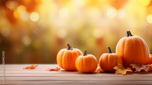 Pumpkins and autumn leaves on a  brown wooden table in front of bokeh background of autumn trees with shiny of sunlight. AI generated