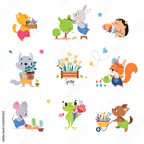 Cute Animals Gardener Working Cultivate Plants Vector Set