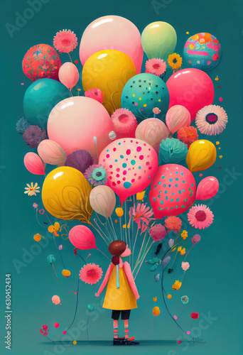 IA Generative illustration of girl holding lots of balloons