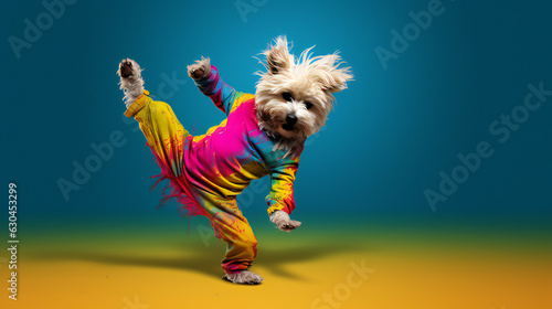 Breakdancing Dog. Colorful. Empty Copy space on the side. Generative AI.