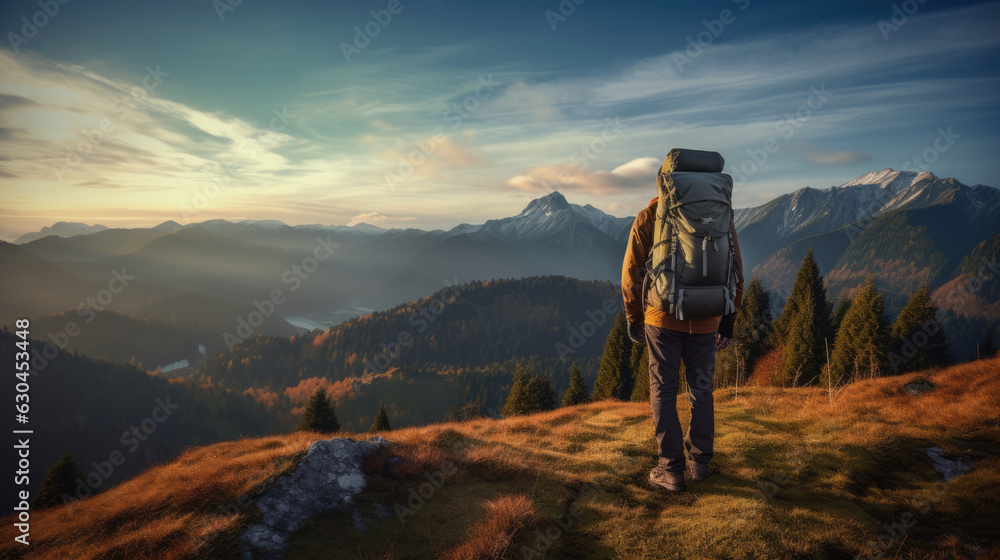 A mountaineer standing on a mountain with a large backpack, in full mountaineering gear and looking at the mountains