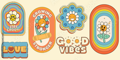 Groovy hippie 70s stickers. Funny cartoon flower, rainbow, peace, Love, heart, daisy, mushroom etc. Sticker pack in trendy retro psychedelic cartoon style. Love. Good vibes. Stay groovy. 