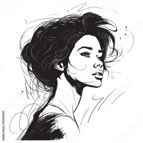 Vector portrait of a fashionable young beautiful girl with tousled hair. Black and white female portrait