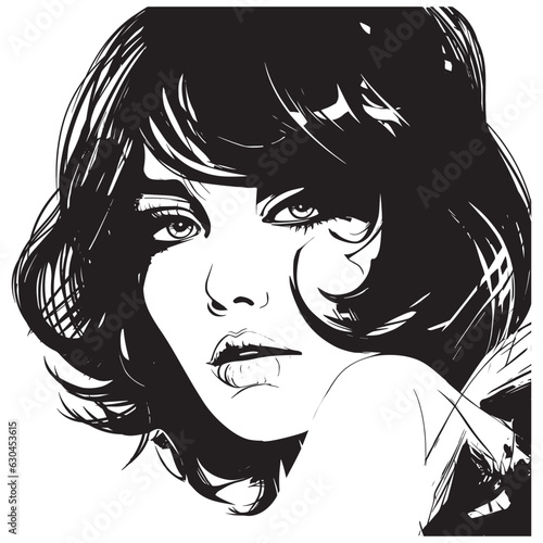 Vector portrait of a fashionable young beautiful girl with tousled hair. Black and white female portrait
