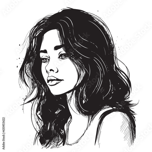 Vector portrait of a fashionable young beautiful girl with tousled hair. Black and white female portrait