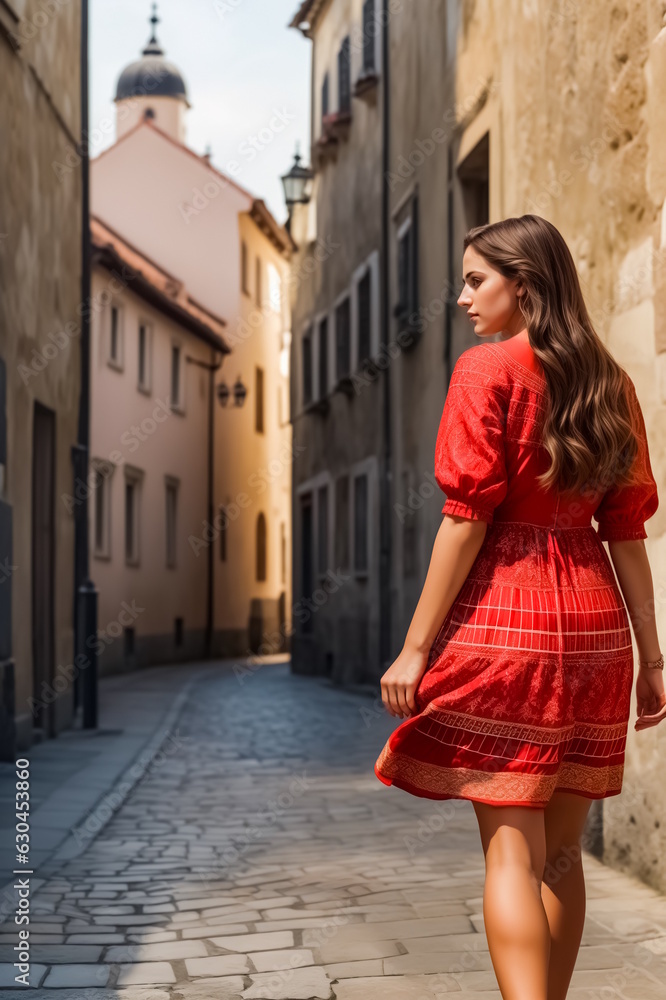 A girl in a bright red dress walks along the ancient streets with a paved road. Generative AI