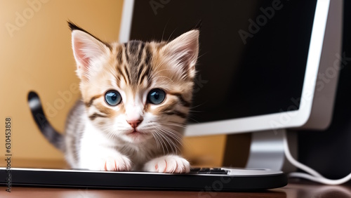 A small charming kitten sits on the keyboard in the office against the background of the monitor. Kitten explores the computer. Generative AI