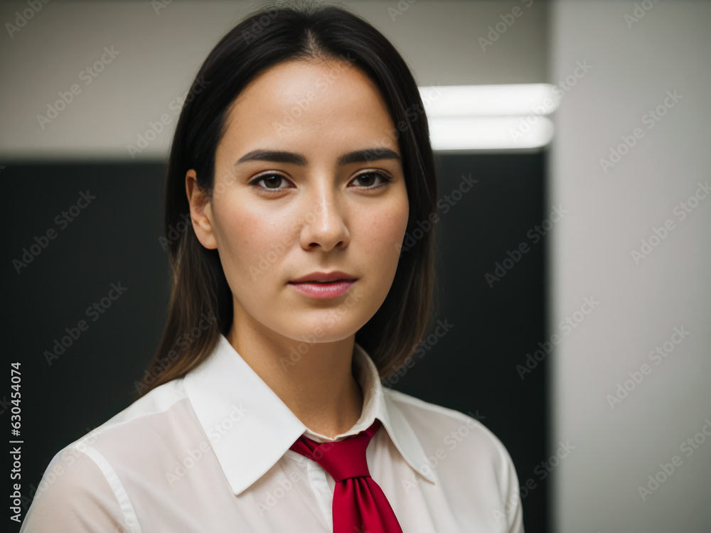 Studio digital portrait of a positive female model in white shirt, red tie, strict business suit, austere look on background in office