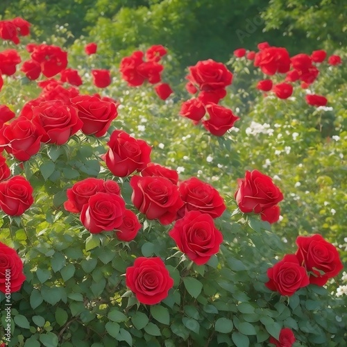 Beautiful red roses against backdrop of greenery of a well-groomed garden in morning sun. Roses flowers in nature outdoors.