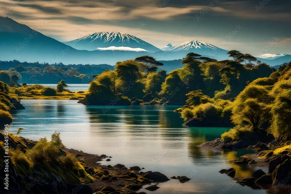 Obraz premium lake in the mountains and green forest generated by AI tool