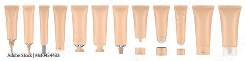 Set of beige tubes and bottles. Roller ball tube. Open and closed blank tubes with screw cap. Realistic mockup. Long nozzle tube. Ointment or salve. Gel serum. Korean packaging