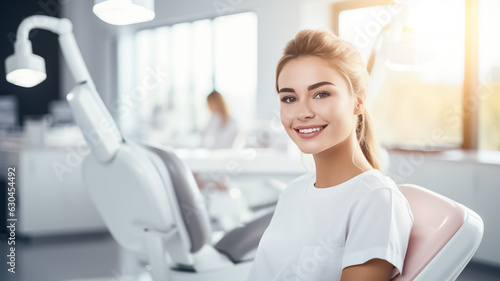 European young woman smiling patient sitting in chair at Dental Clinic. Clinic patient satisfied with dentist service, enamel cleaning, whitening, dental care, correction. 