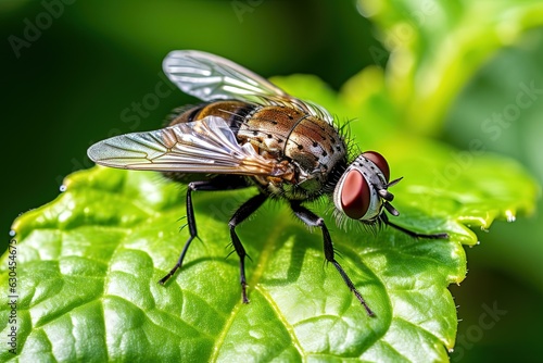 Common fly on a green leaf. Close-up view.