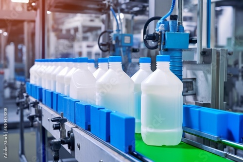 Filling bottles with water, Bottling factorys, plastic canisters,  Empty plastic jerrycans moving on conveyor belt of automatic pet blow molding machine at, Generative AI 