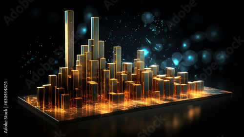 Metallix Gilded Cyberpunk Symphonies Holographic 3D Fintech Financial Charts with Metallic Gold Bars and Dynamic Graphs