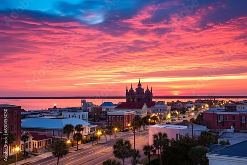 Captivating Pensacola Sunset: Colorful Skyline and Architecture with Gulf Coast in View (AR 3:2): Generative AI photo