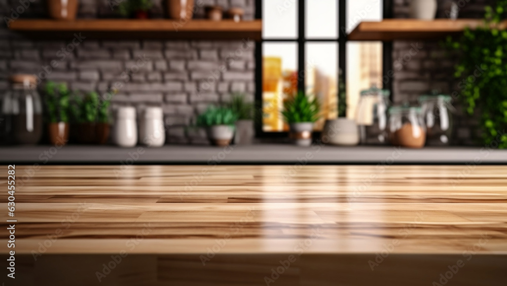 Wooden table on blurred kitchen bench background. Empty wooden table and blurred kitchen background for display or montage your products. 3d render

