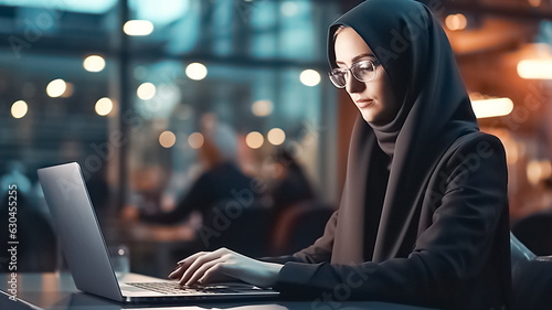 Successful smiling Arab woman in hijab working inside modern office. Business woman satisfied with achievement results typing on computer keyboard. 