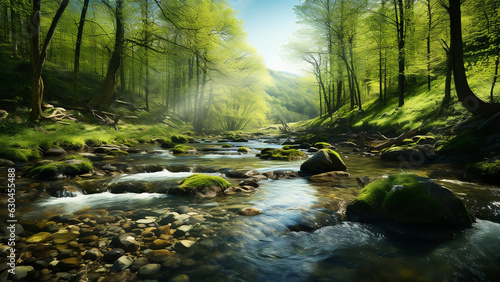 spring forest nature landscape  beautiful spring stream  river rocks in mountain forest