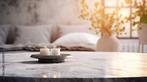 Empty marble stone table in front of blurred bedroom interior background, can be used mock up for montage products display or design layout 